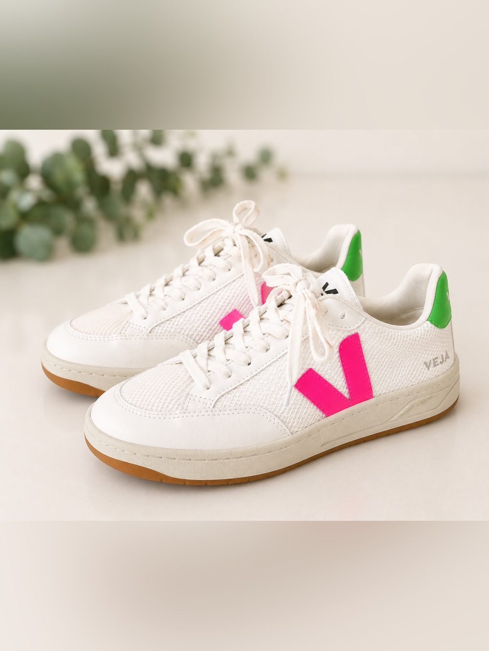 VEJA V-12 White Mesh Leather Sneakers | Pink & Green | Women’s US 7 / EU 38 #4
